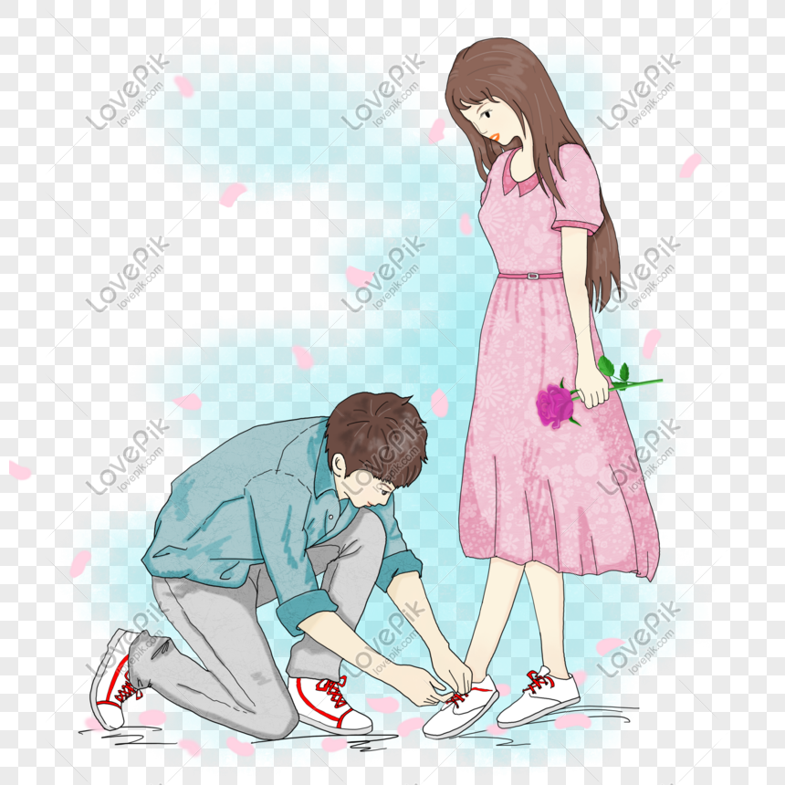 Boy tying shoes to girl png 