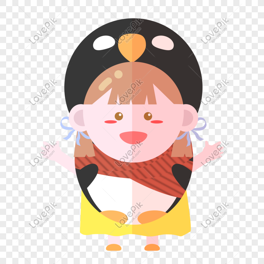 漫画のキャラクターの子かわいい動物ペンギン衣装の女の子イメージ
