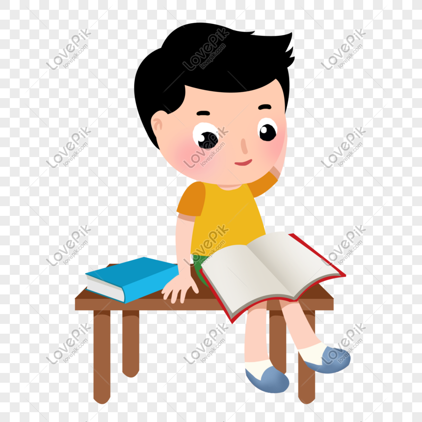 Cartoon Boy Sitting On The Desk Reading A Book, Book, Desk, Reading ...