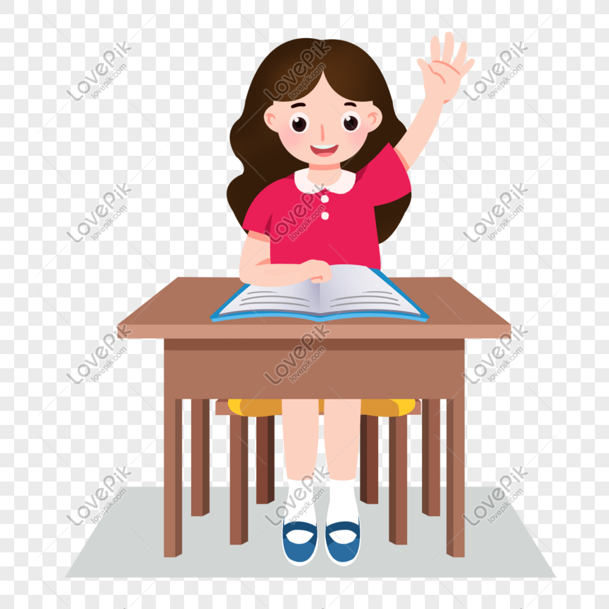 Cartoon Girl Classroom Raising Hands Illustration, Book, Desk ...
