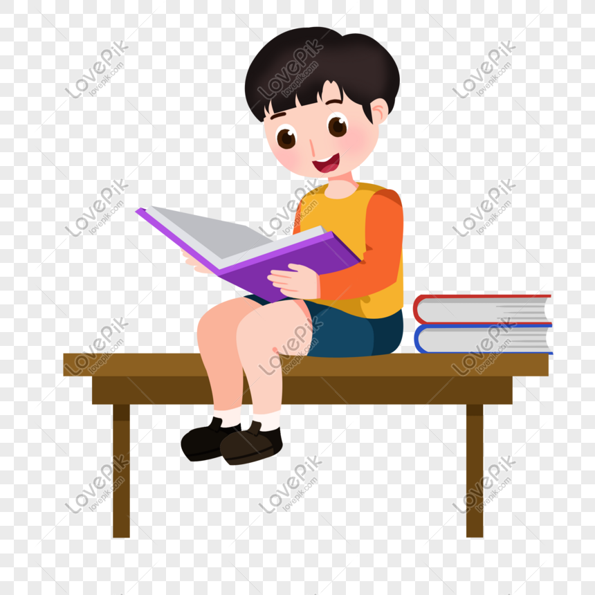 Cartoon Boy Sitting On The Desk Reading A Book Png Image Picture