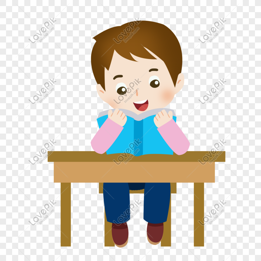 Cartoon Boy Reading A Book At The Desk Png Image Picture Free