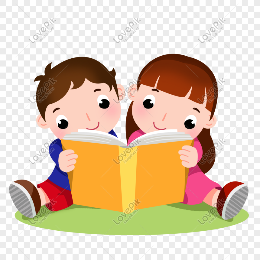 niño y niña de dibujos animados sentados juntos leyendo un libro ...