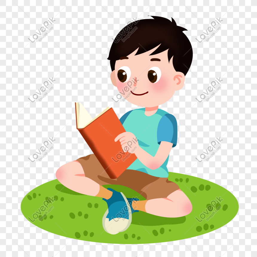  kartun  anak  laki laki membaca  ilustrasi buku di atas 