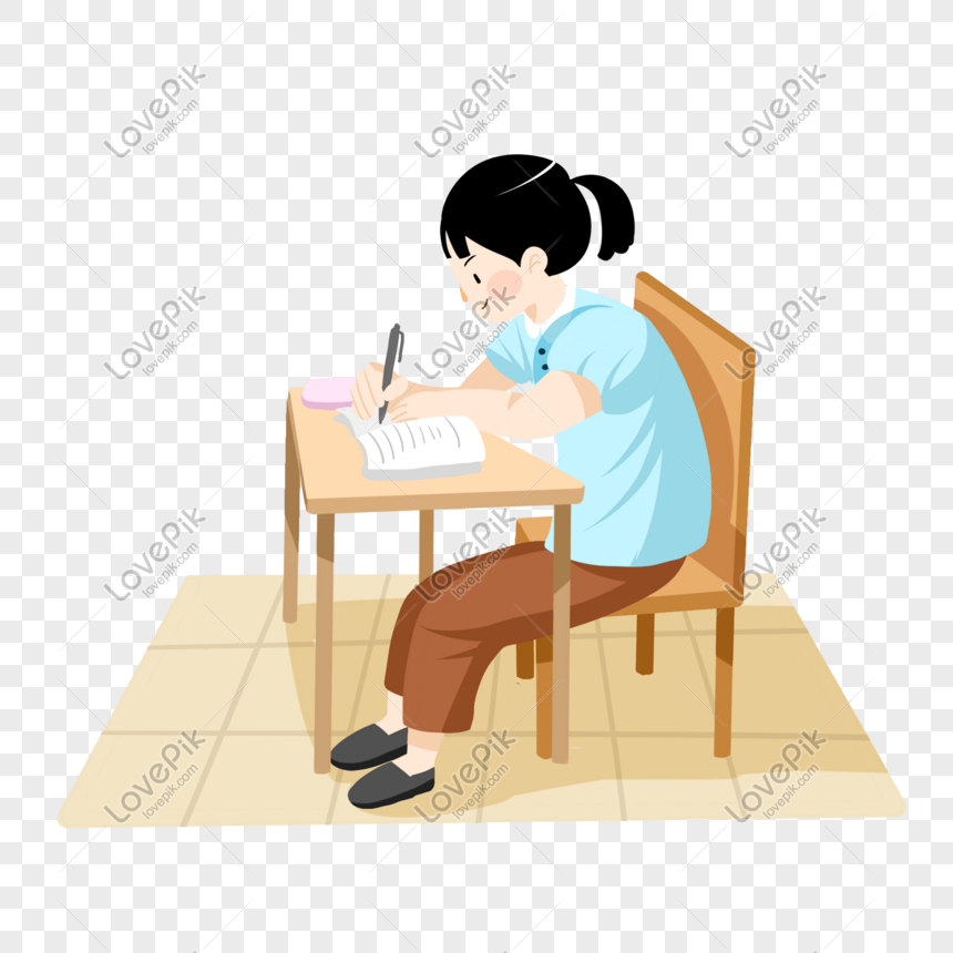 Cartoon Hand Drawn Girl Sitting At Desk Studying Hard Png