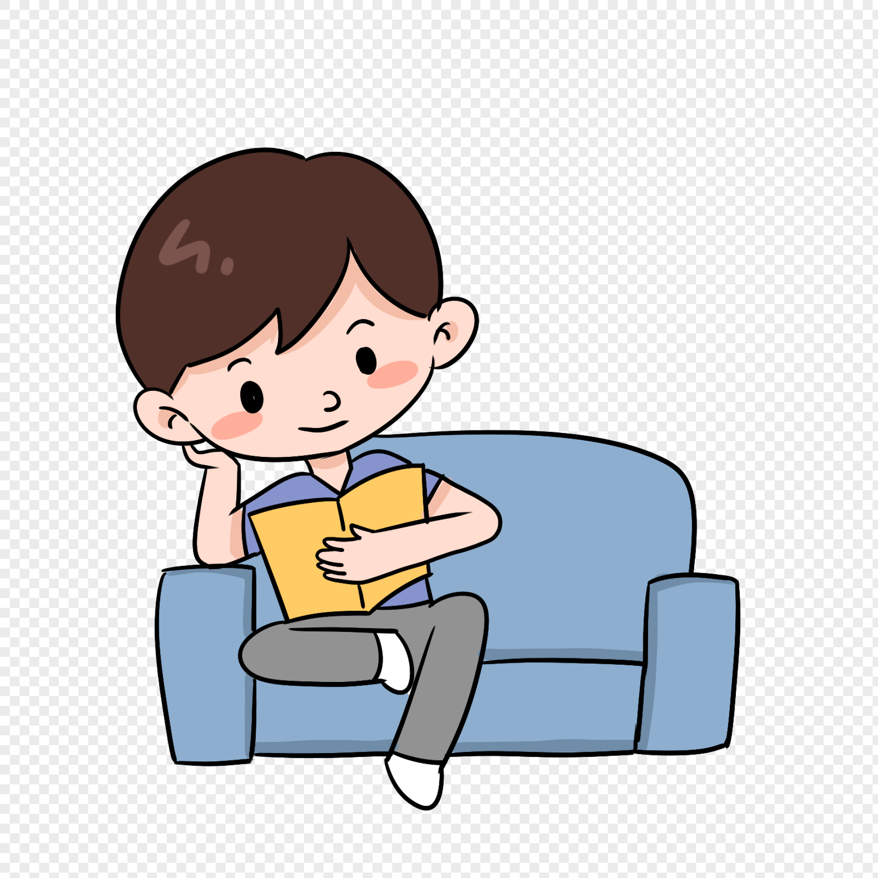 budak kartun  duduk di atas buku bacaan sofa  gambar  unduh 