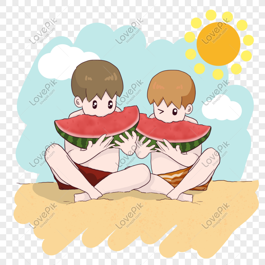 夏にスイカを食べるビーチであぐらをかいて座っている2人の男の子イメージ グラフィックス Id Prf画像フォーマットpsd Jp Lovepik Com