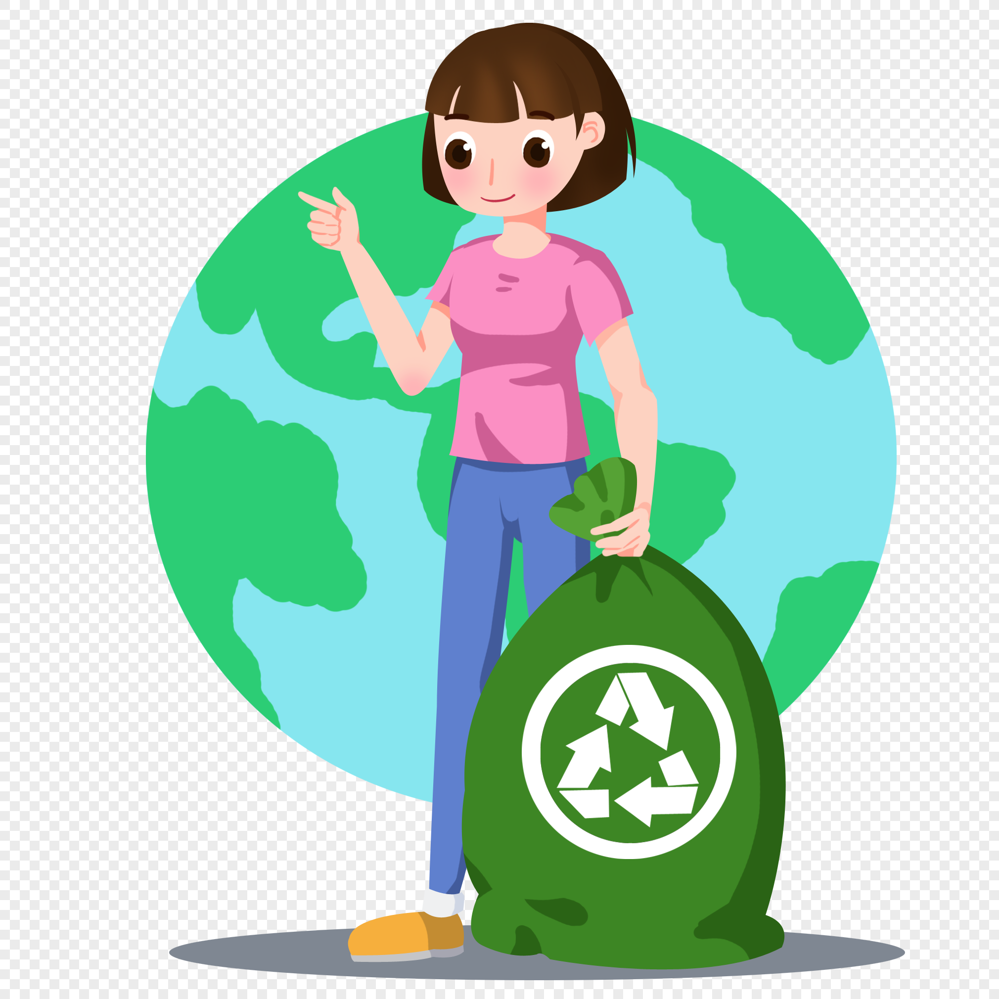 Gadis Kartun  Memegang Beg Contoh Sampah Boleh Dikitar 