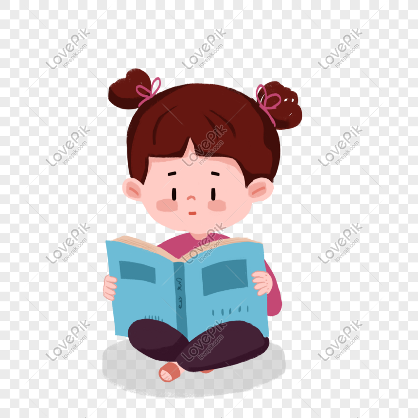 Gadis Kartun Duduk Dengan Serius Di Lantai Sambil Membaca