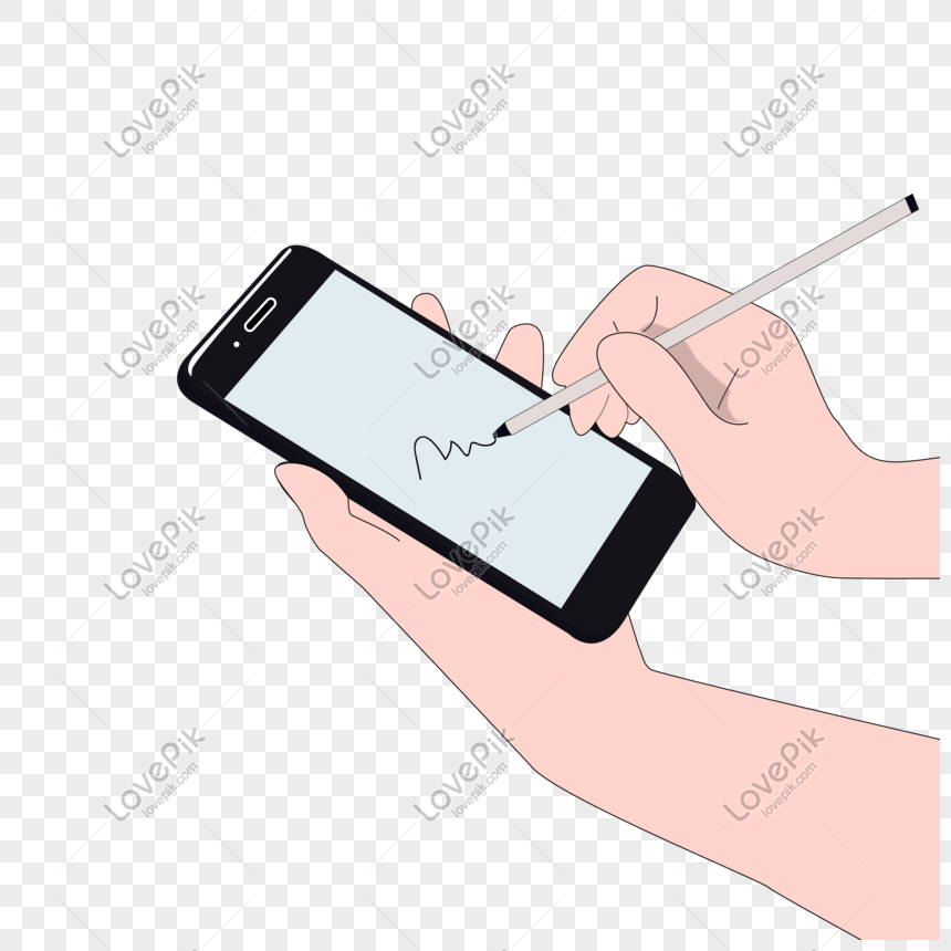 Cartoon Hand Drawn Hand Holding Mobile Phone And Stylus Png Image Psd File Free Download Lovepik