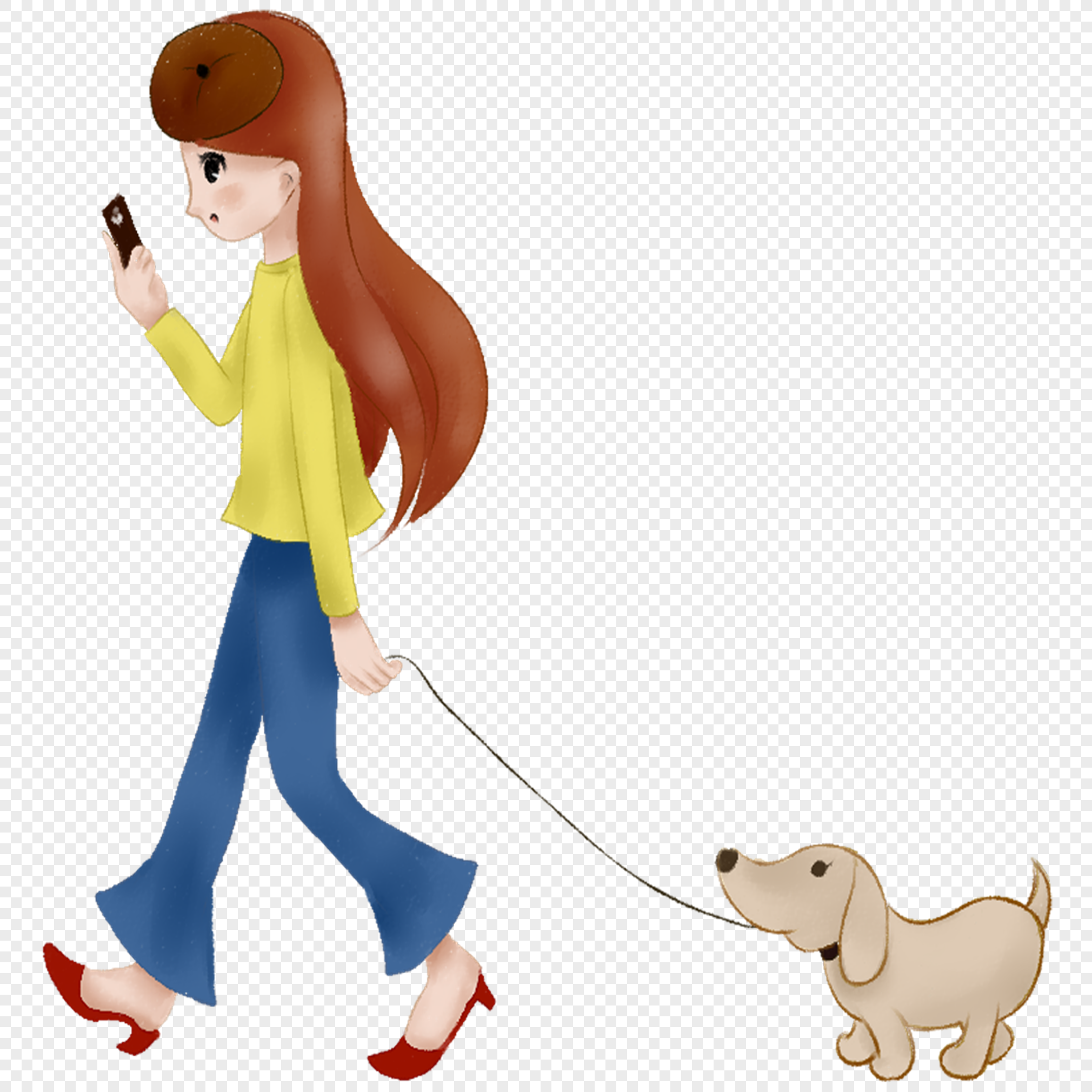 Иллюстрации девушка гуляет с собакой