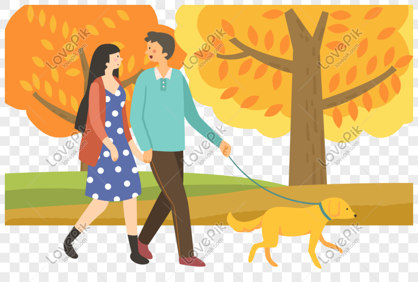 가을 공원에서 개를 산책하는 손으로 그린 사람들 Png 일러스트 무료 다운로드 - Lovepik
