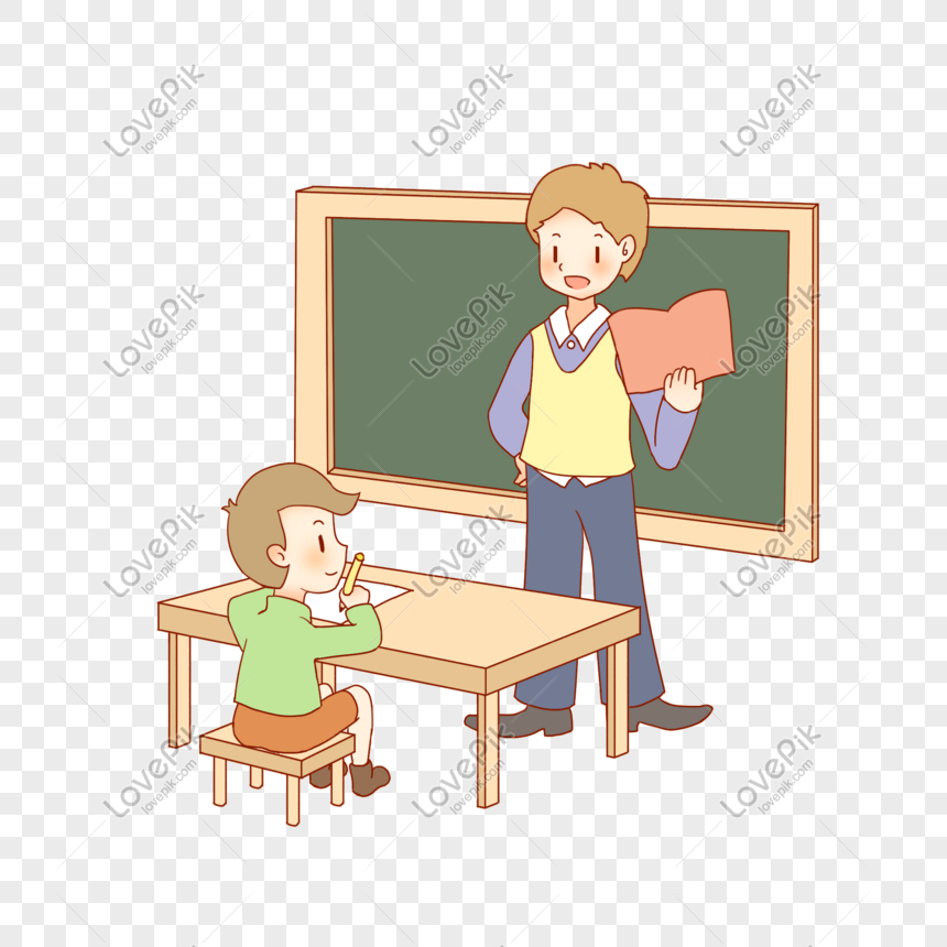 Teacher Sitting At The Desk In Front Of The Blackboard Png