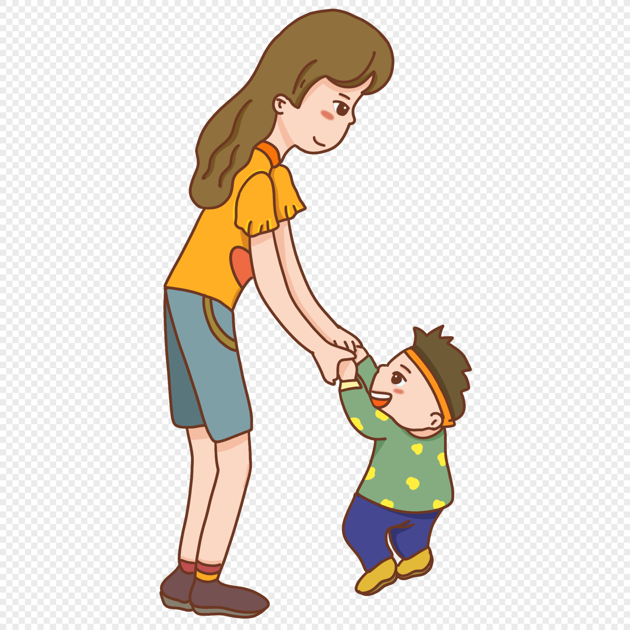 Cartoon Autumn Mom Teaches Children To Walk PNG Free Download And ...