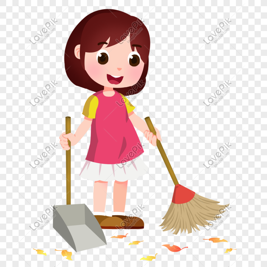 Cartoon Girl Sweeping Autumn Leaves, Broom Sweep, Wall Squat, Broom PNG ...