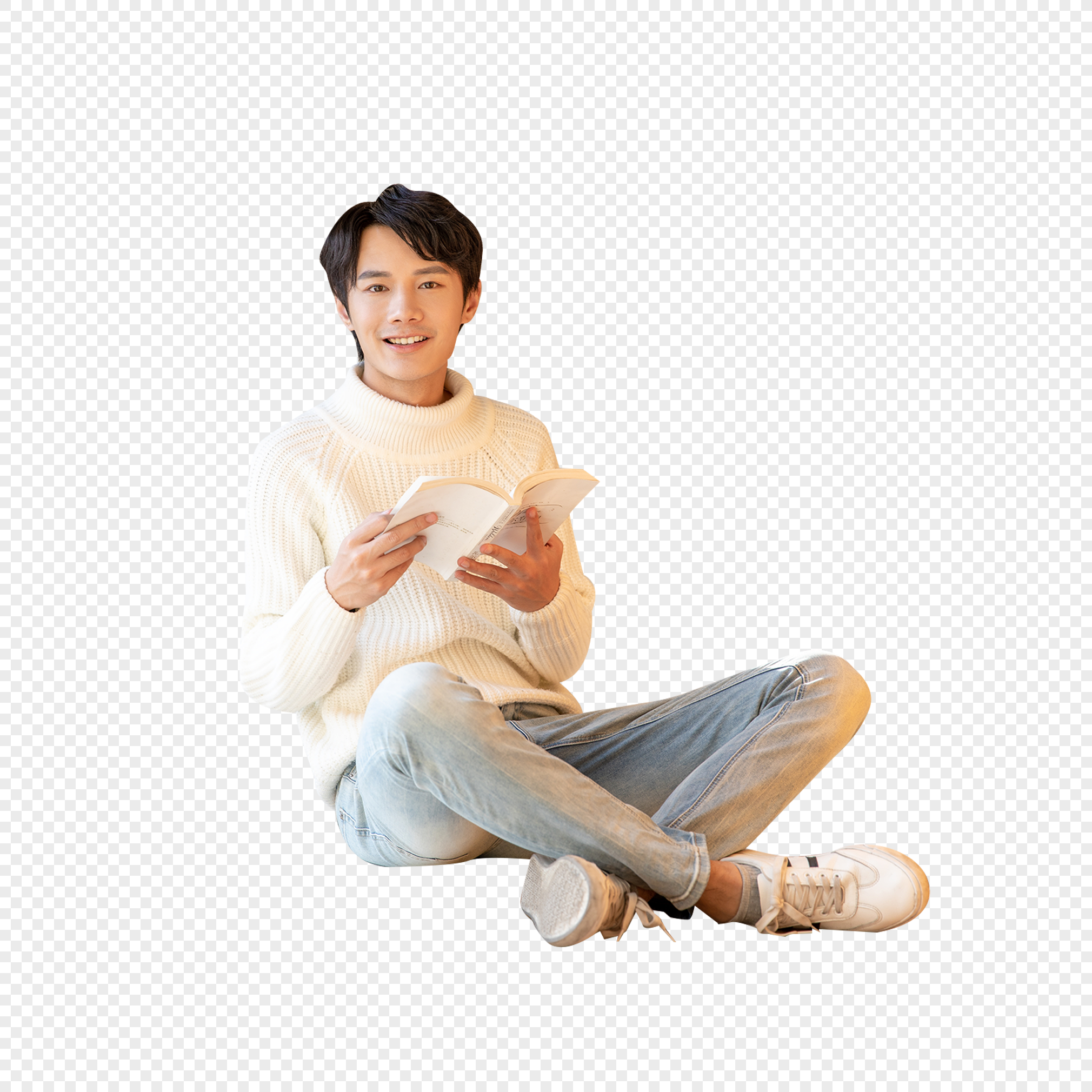Male sitting on library floor and reading book, young, leisure office, book png free download