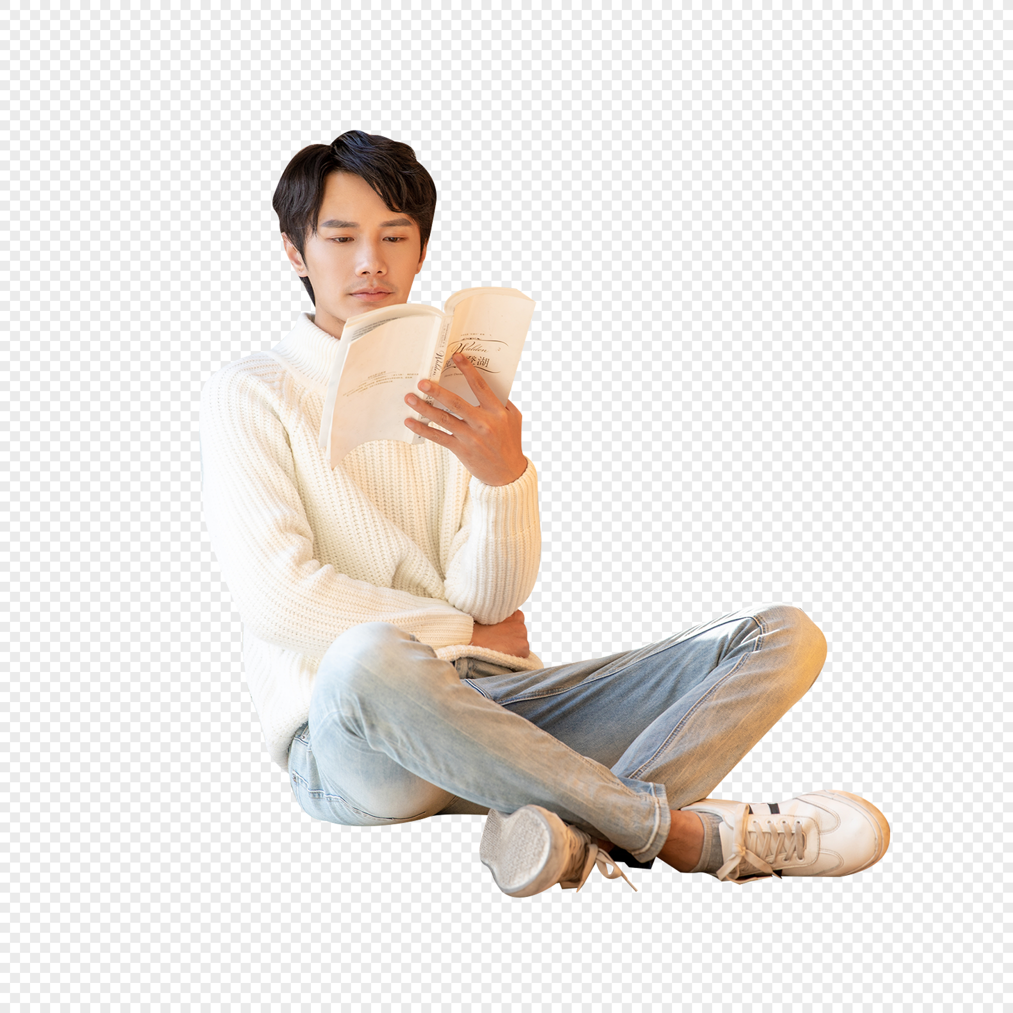 Male sitting on library floor and reading book, young, leisure office, book png picture