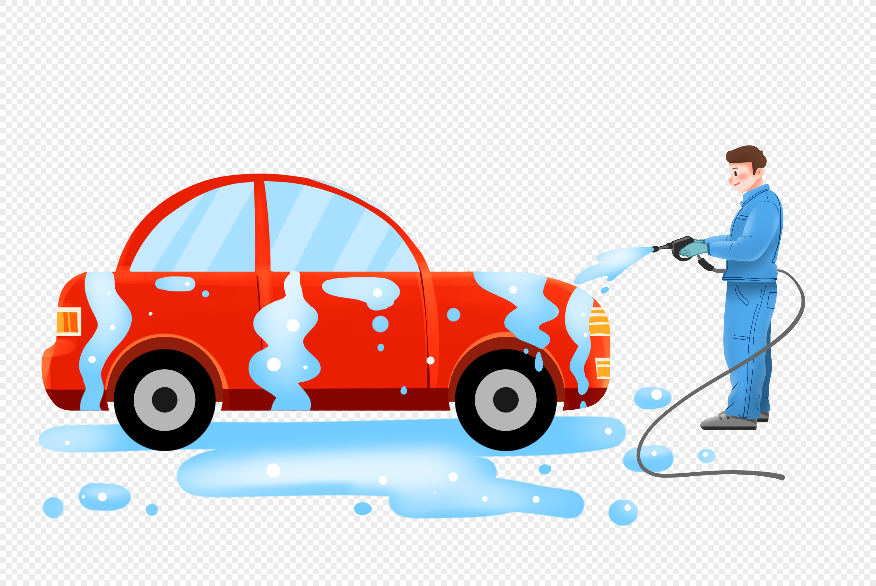 Car wash workers are cleaning the car with a water gun, worker, car, car wash png image free download