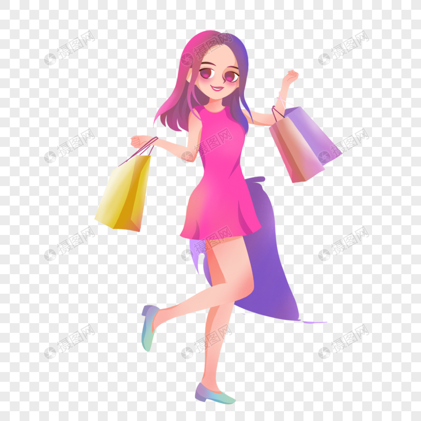 Pop art illustration of a young happy girl holding shopping bags on transparent  background PNG - Similar PNG