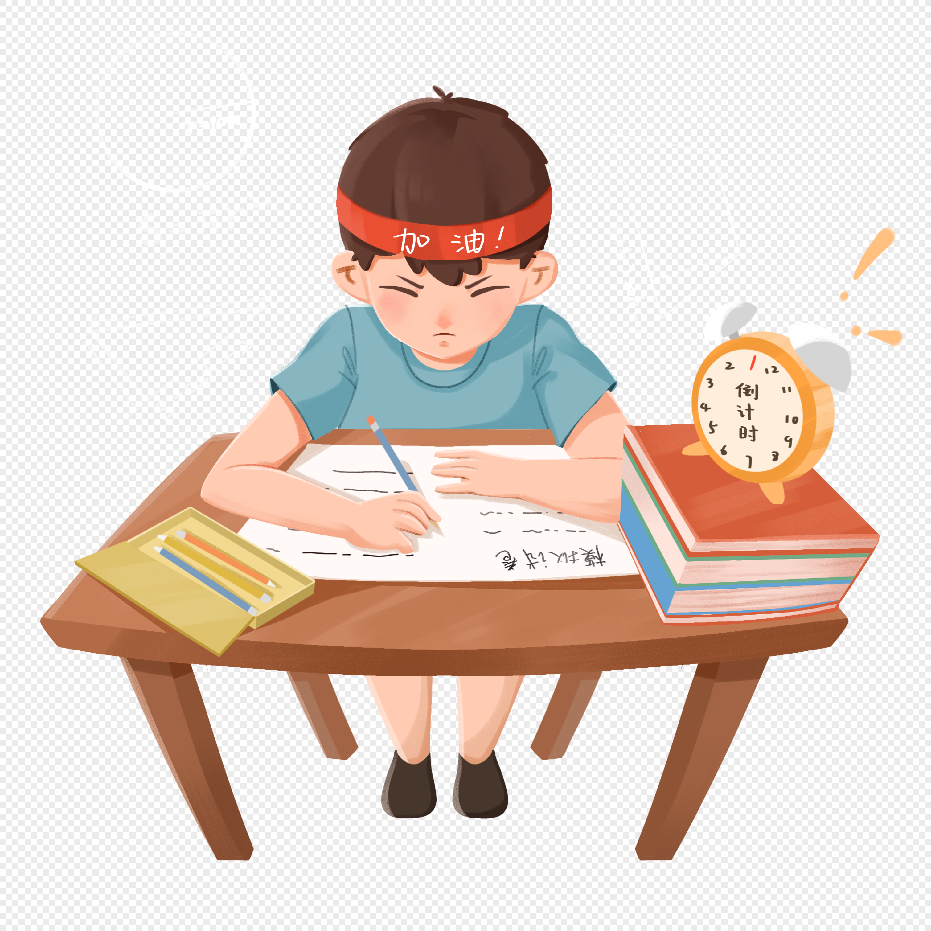 Boy studying at the desk, win, study time, book png transparent image