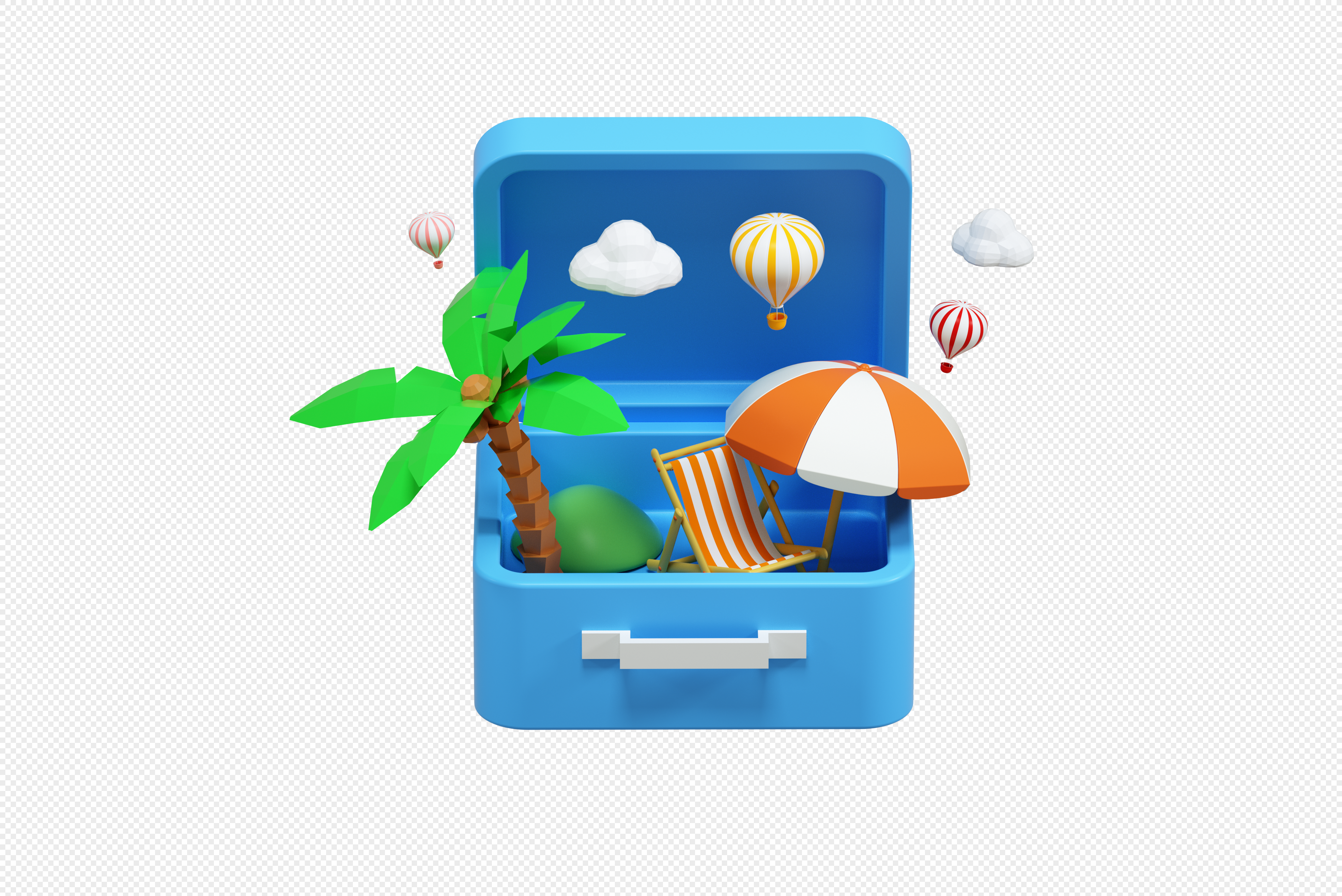 Creative C4D Island Travel Resort Luggage 3D Stereo Model, tree, cloud, 3d travel png free download