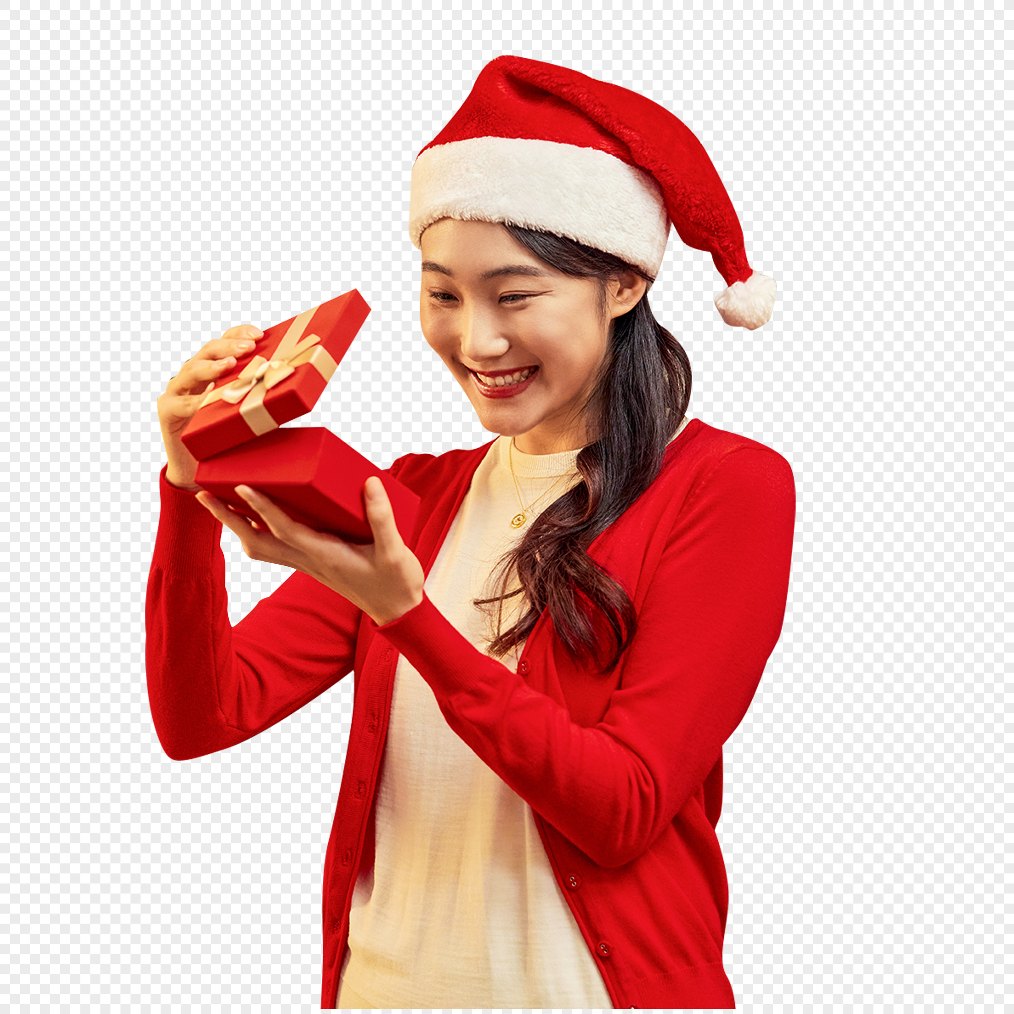 happy woman opening christmas present, christmas woman, gift box, surprise png free download