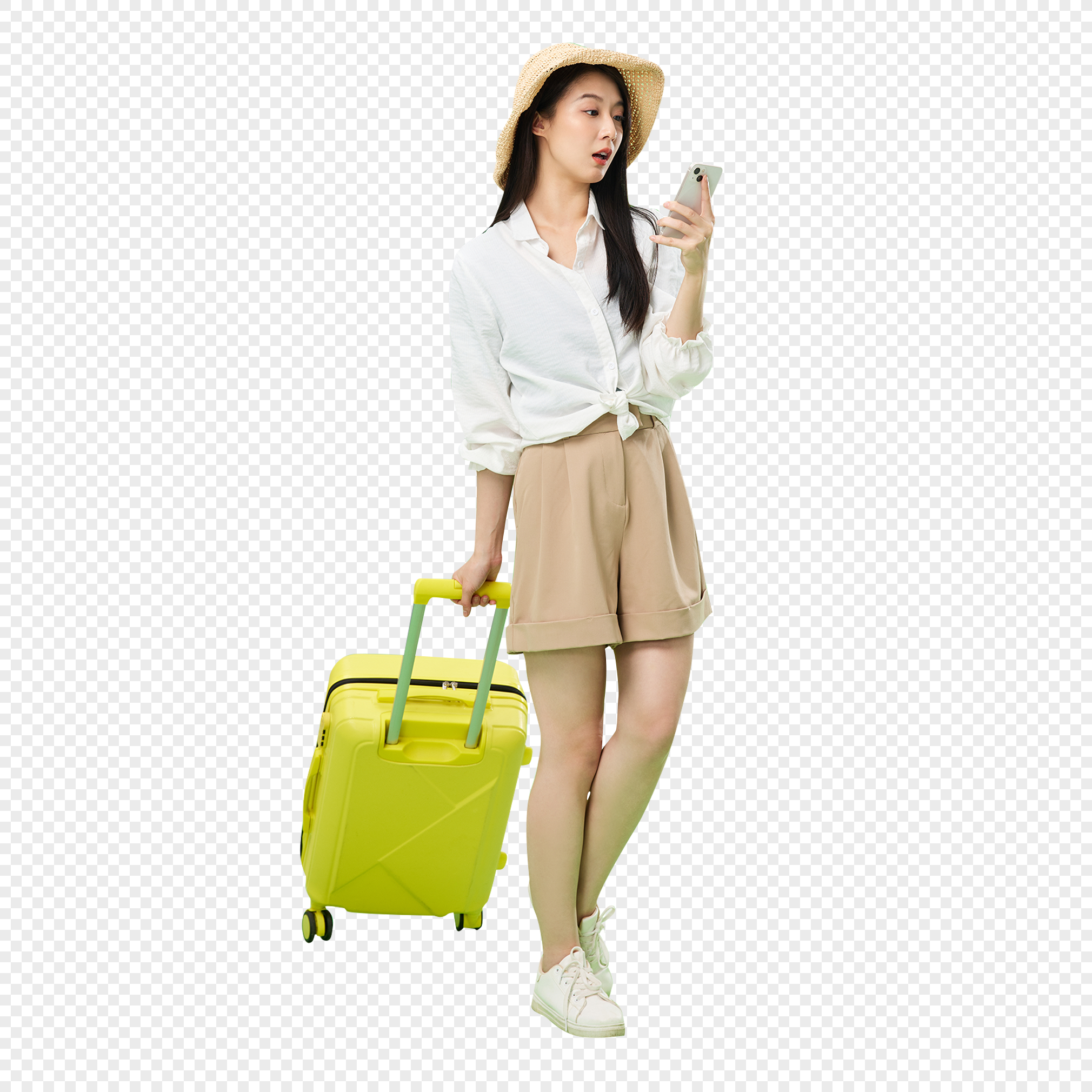 Young energetic girl checking mobile phone while traveling on vacation, young, mobile phone, click png hd transparent image