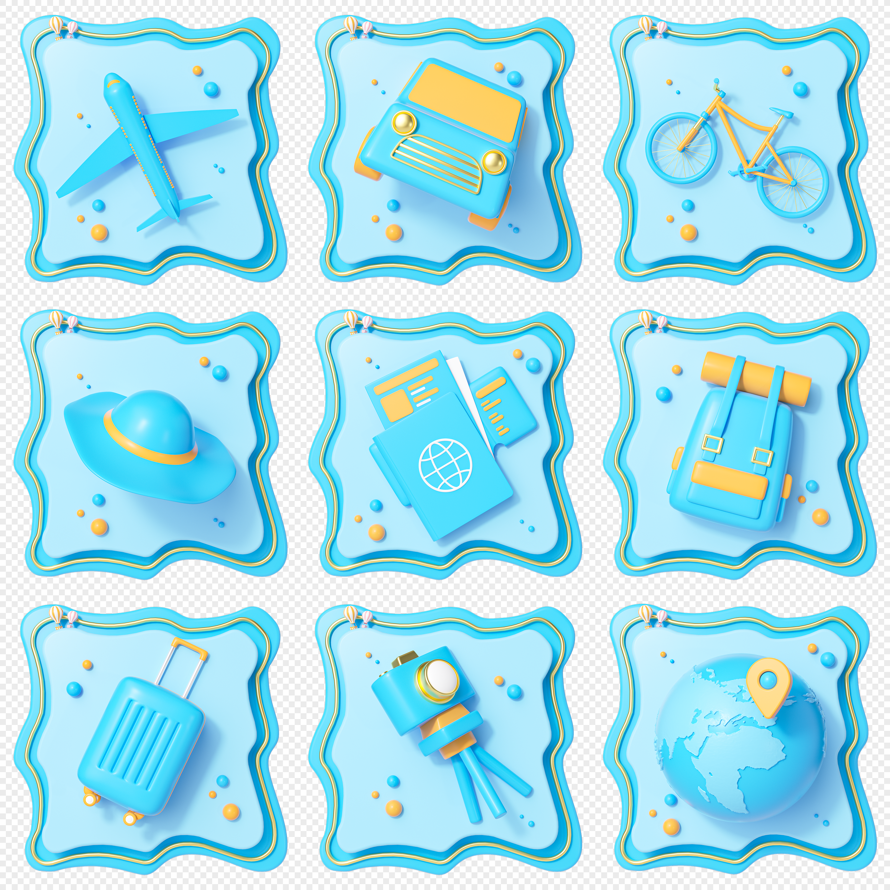 Blue cartoon travel icons combination, icon, cartoon travel, blue icon png hd transparent image