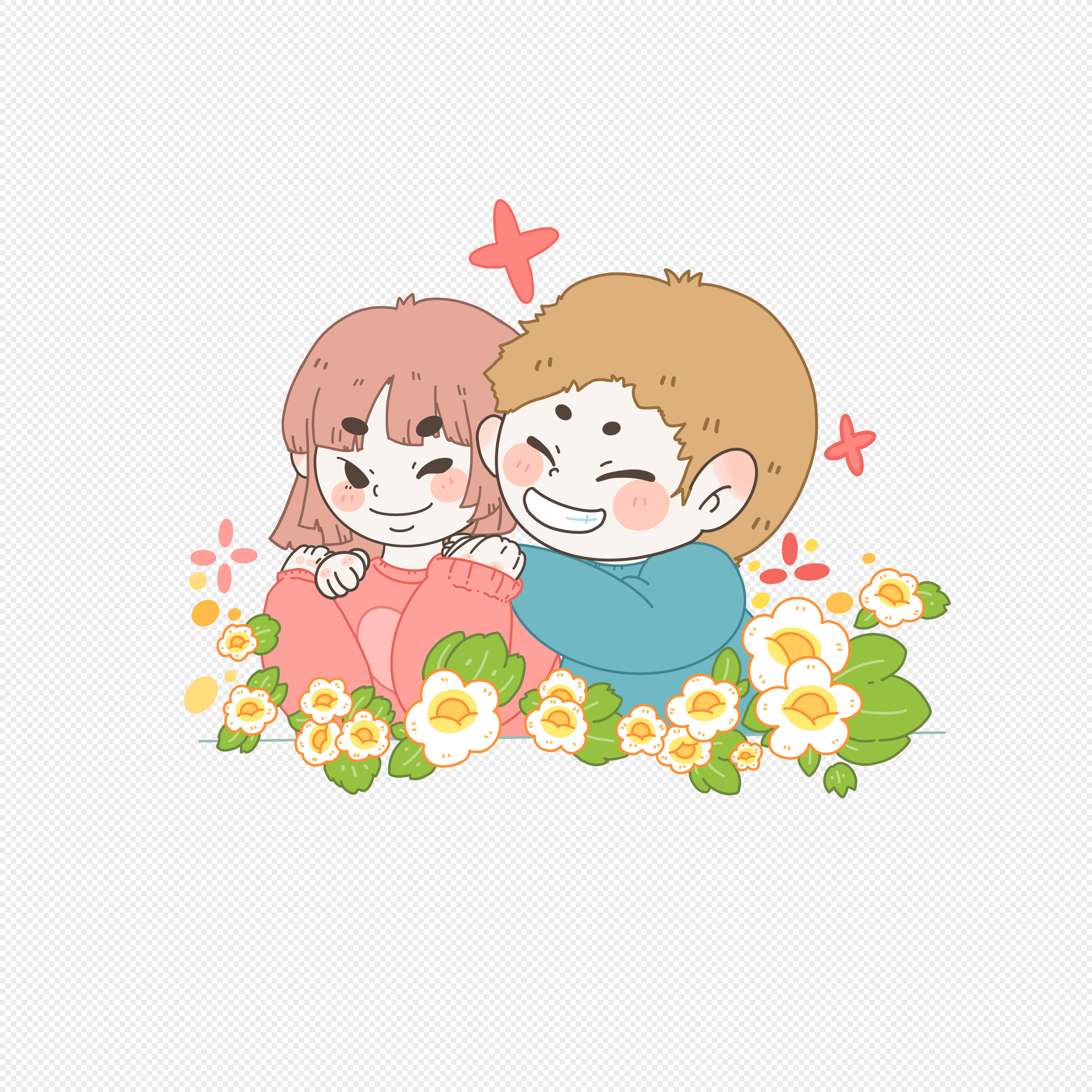 Couple Hand Drawn Cartoon Double Photo Pink Hair Girl Flower Decoration Cartoon Hair Flower