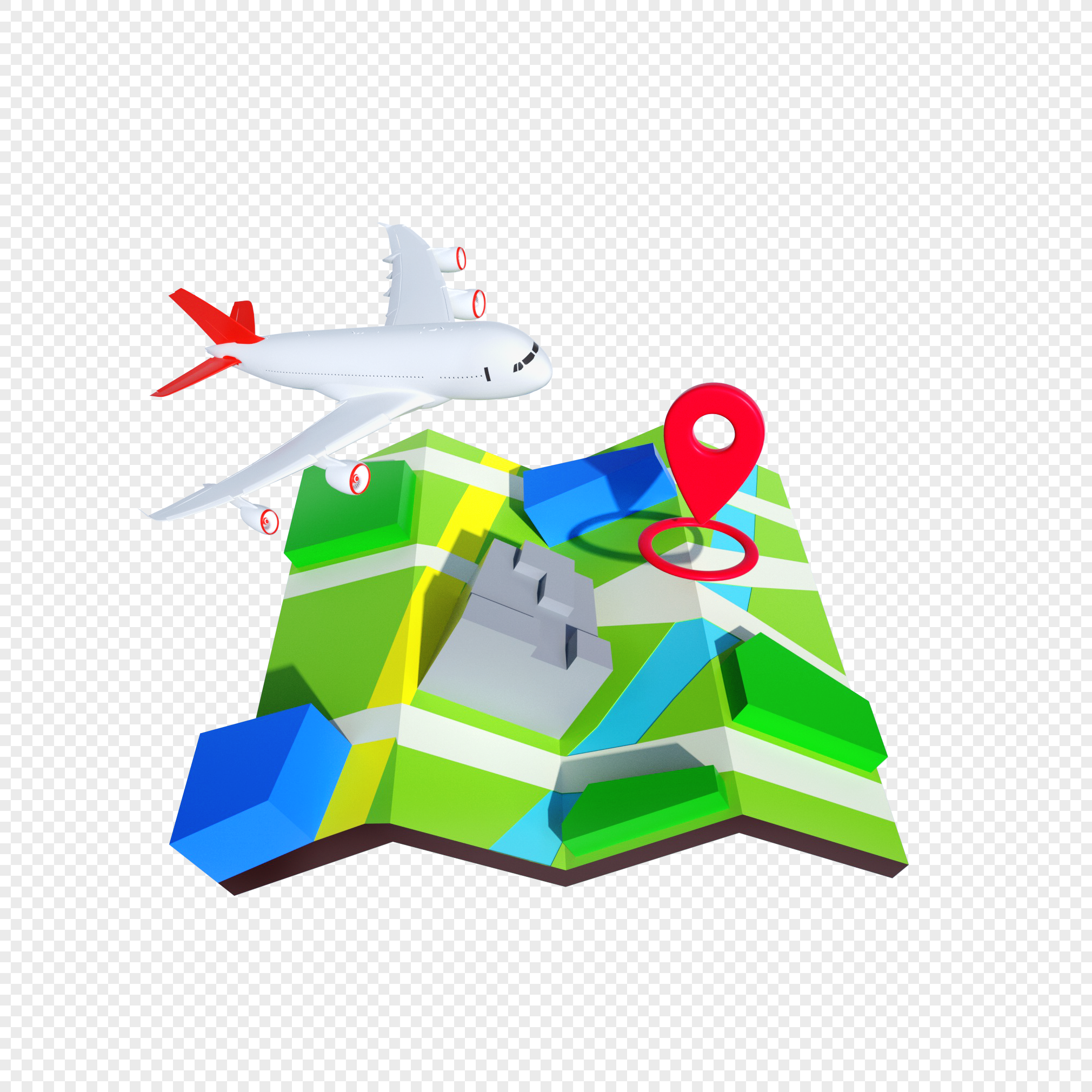 3D three-dimensional simple style travel map model elements, 3D free cutout, 3D illustration, travel free png
