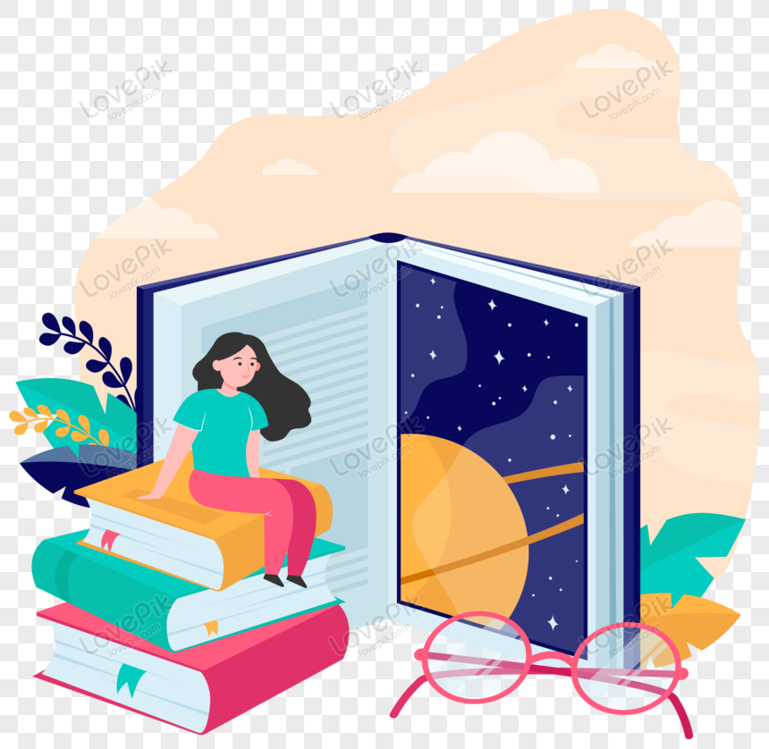 tiny woman sitting on large books vector, woman book, woman vector, book png transparent image