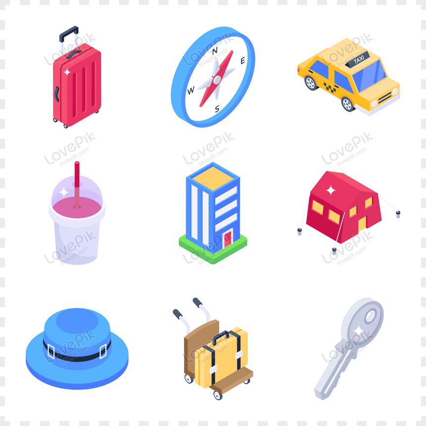 Travel and Tourism Icons in Modern Isometric Style, isometric icons, modern style, icon png white transparent