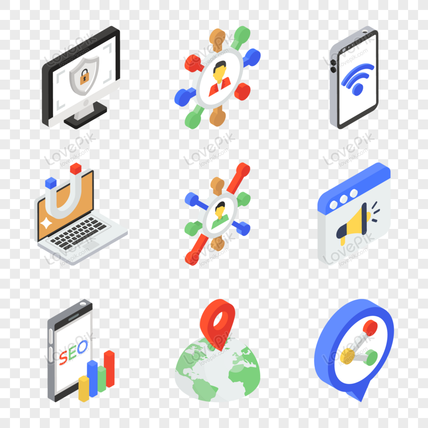 Seo Marketing Isometric Icons Vector PNG Transparent Background And ...