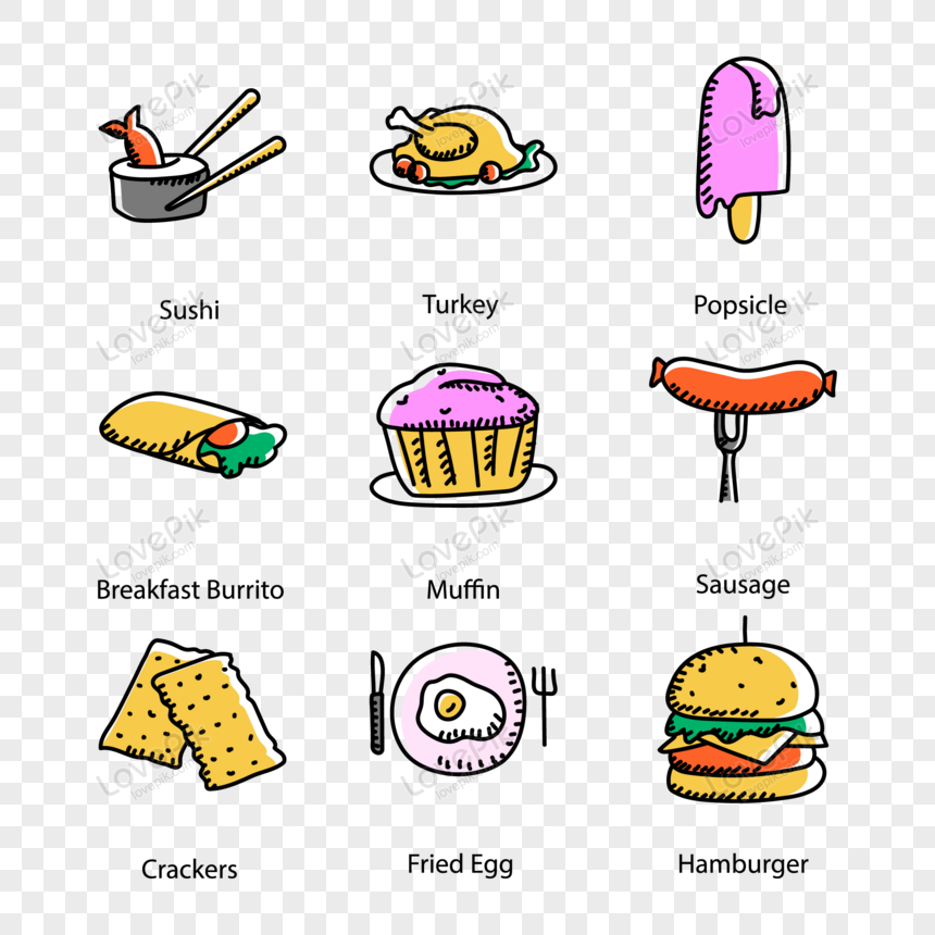 Pack Of Delicious Food Doodle Icons Vector Free PNG And Clipart Image For  Free Download - Lovepik | 450061969