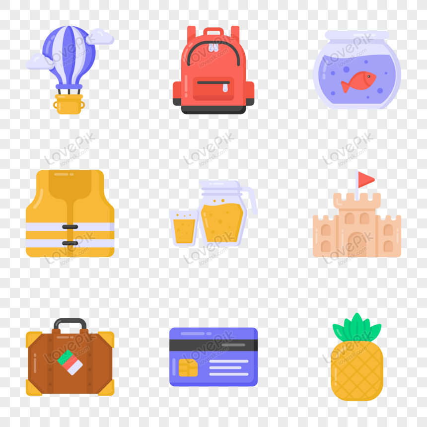 Pack of Food and Tour Equipment Flat Icons Vector, icon, fish tank, food pack png picture