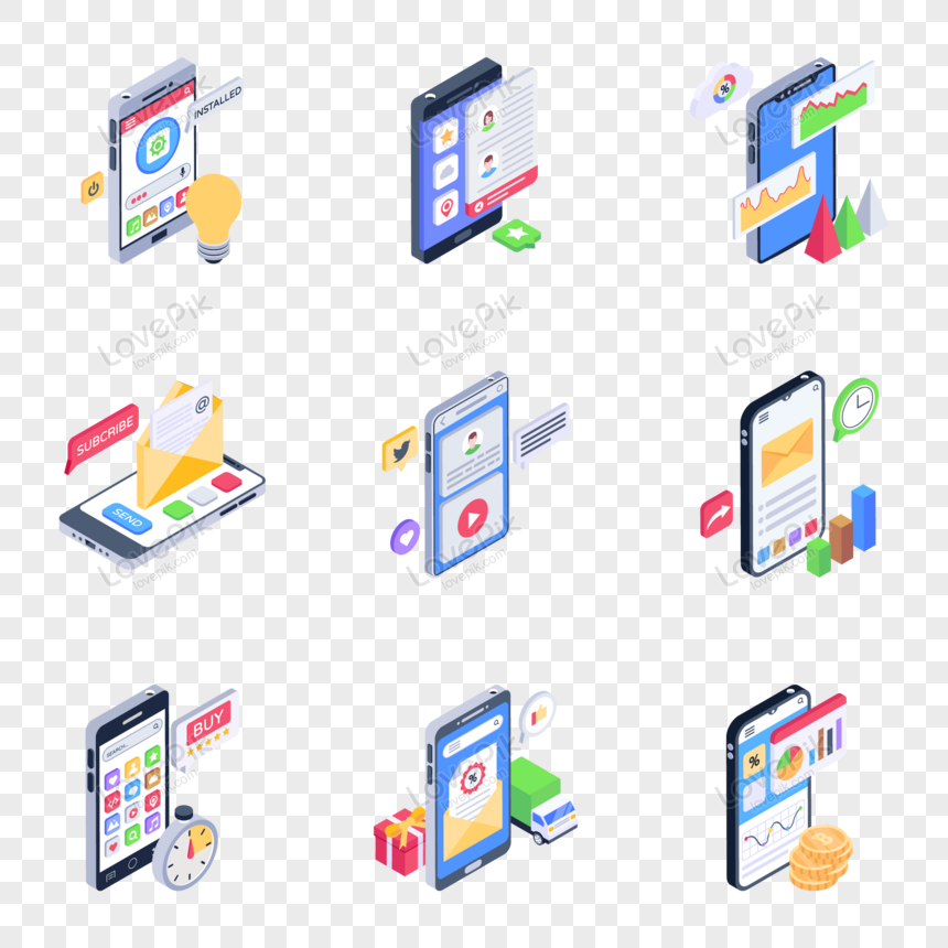 Pack Of Mobile Apps Isometric Icons PNG Free Download And Clipart Image For  Free Download - Lovepik | 450076973