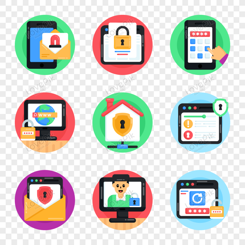 Set Of Data Protection Flat Rounded Icons PNG Transparent Image And ...