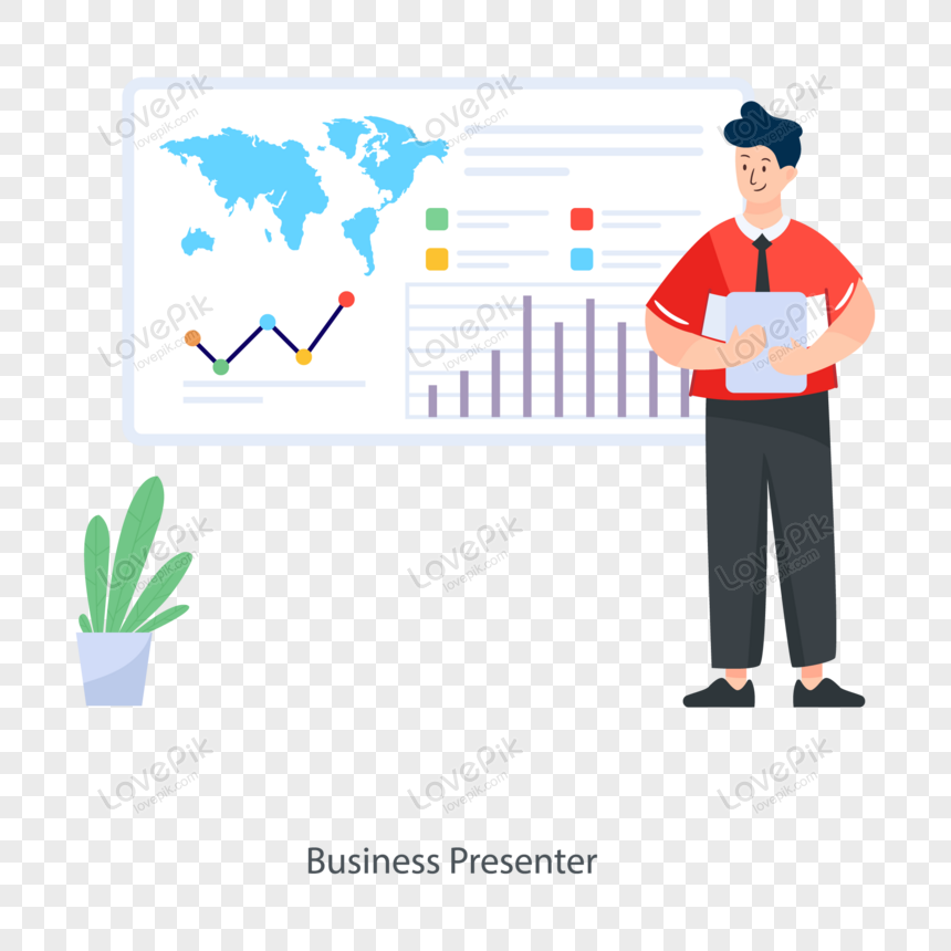  business presenter flat illustration, flat, analytics, podcast presenter png transparent background