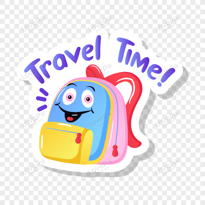 Cute travel luggage flat sticker , rucksack, baggage, travel luggage png transparent background