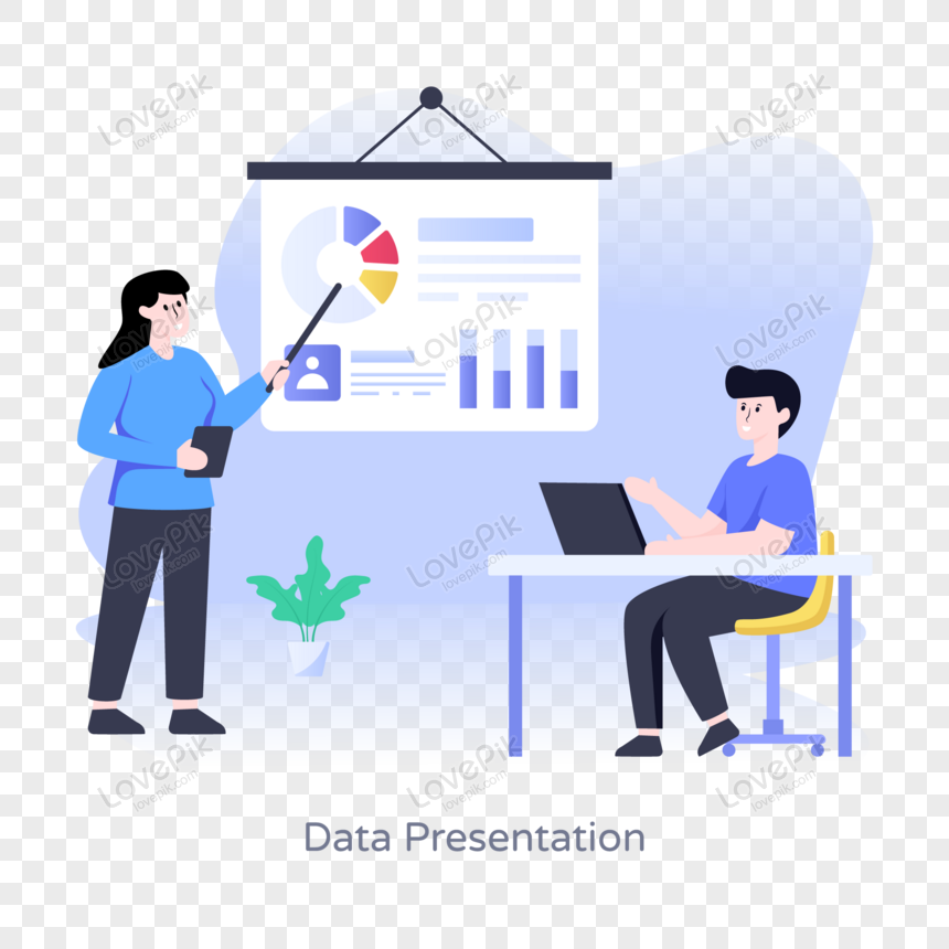 A trendy flat illustration of data presentation , online presentation, person, statistics png white transparent