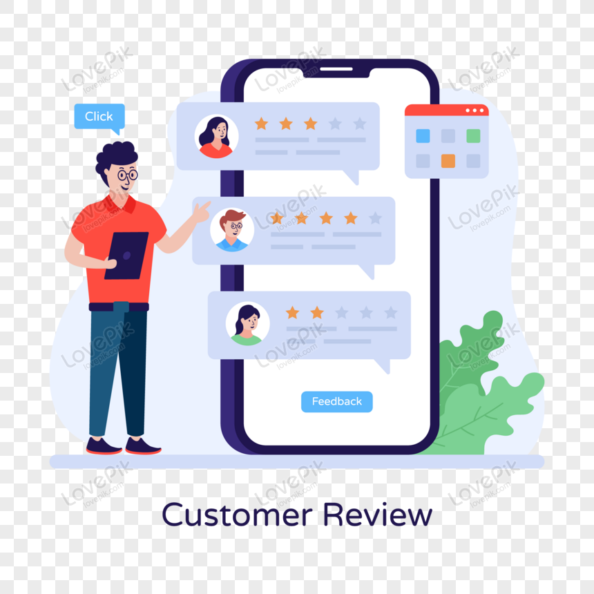 Flat illustration denoting customer reviews, stars, customer persona, person png picture