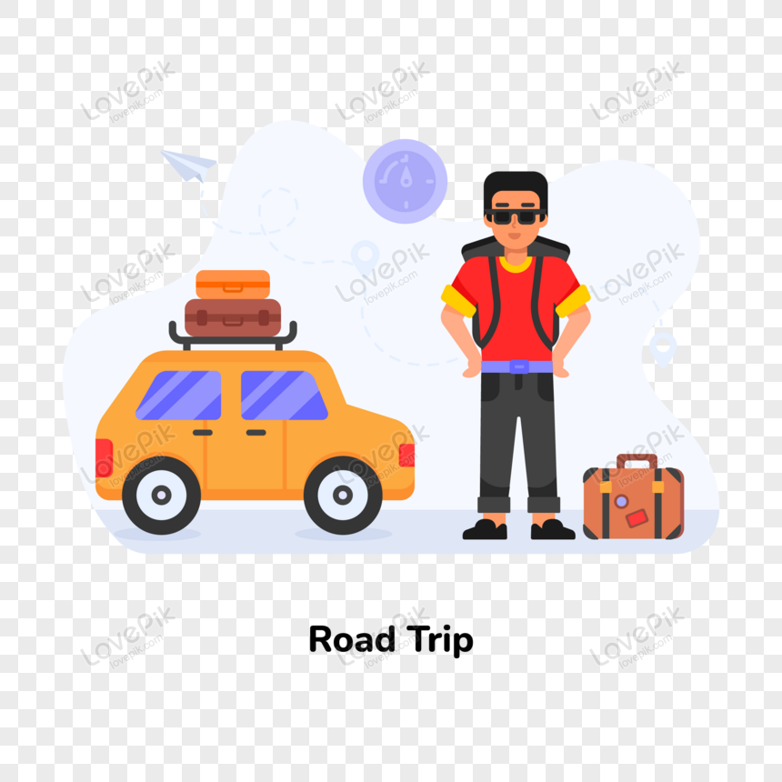 Person with car and luggage flat illustration of road trip, person, road, person with luggage png white transparent