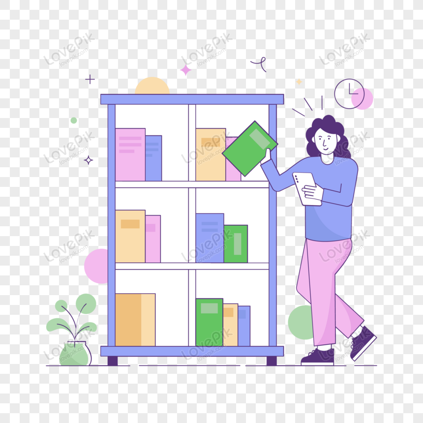 Books rack of a library flat character illustration, book, ladies, person png transparent background