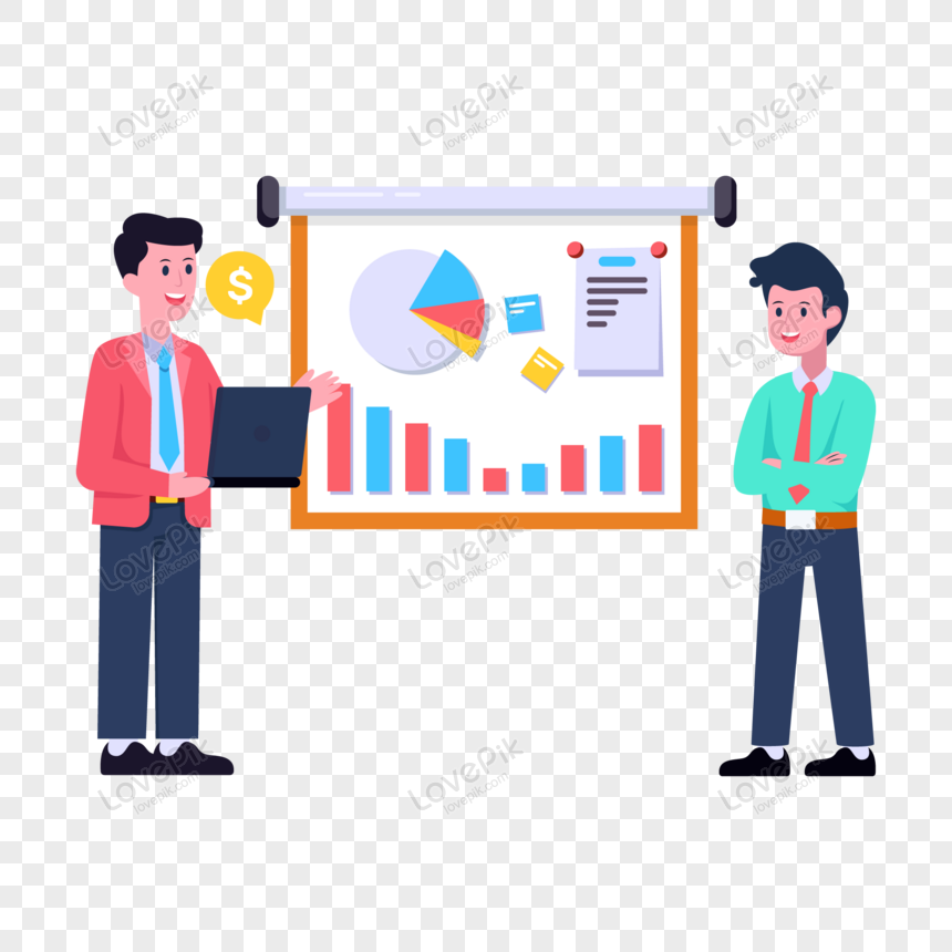 A handy flat illustration of business presentation, person, graph, presentation illustration png transparent background