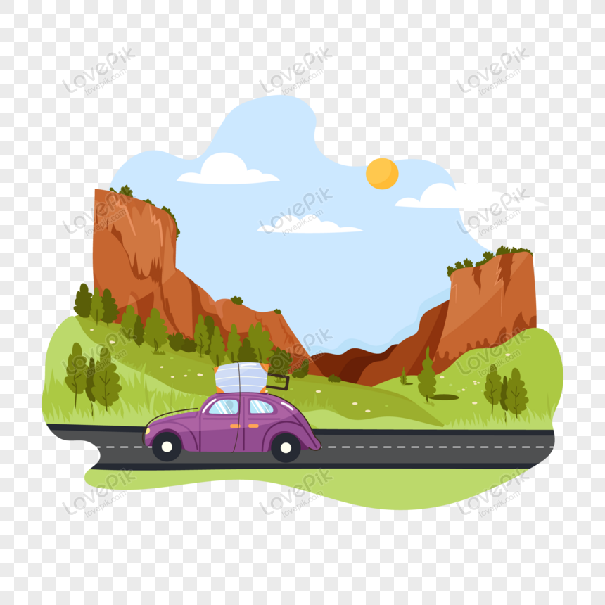 A visually appealing flat illustration of road trip, road, visual, luggage png transparent background