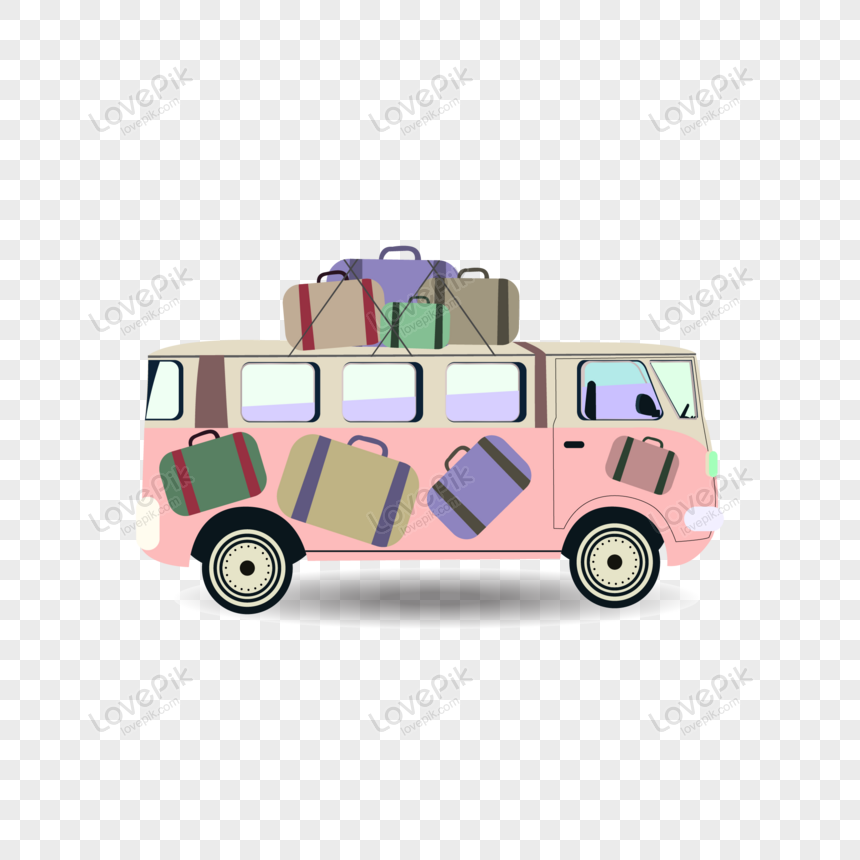 travel pink bus with bag, single, exotic, vivid png transparent image
