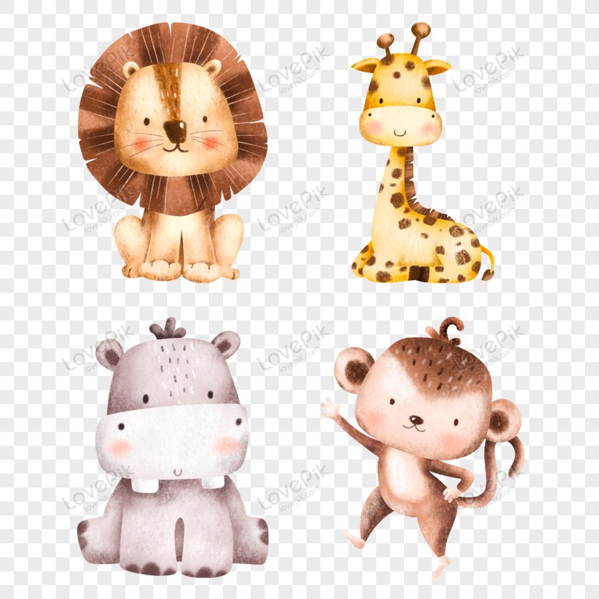 Lion Monkey Giraffe Hippo Cute animal cartoon collection character, pet, zebra, comic png transparent background