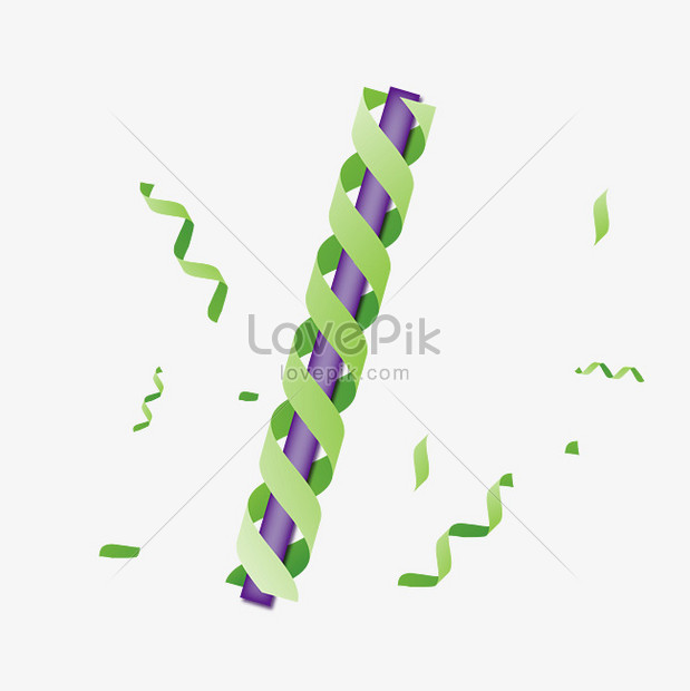 Green curly ribbons. Serpentine on transparent background