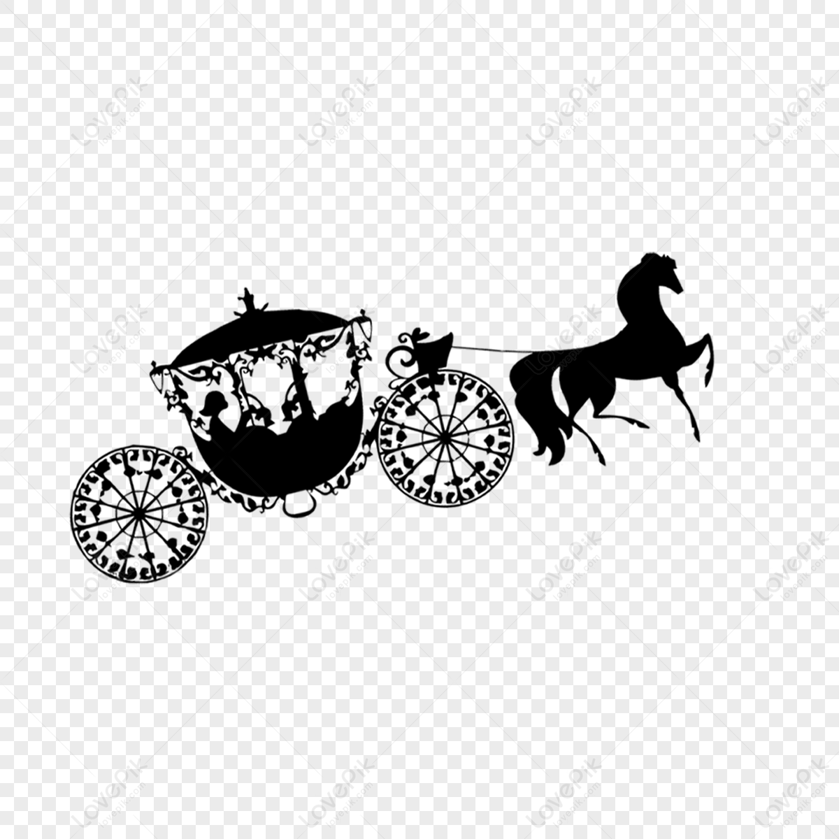 Pull the silhouette of the princess, horse silhouette, black silhouette, princess png transparent background