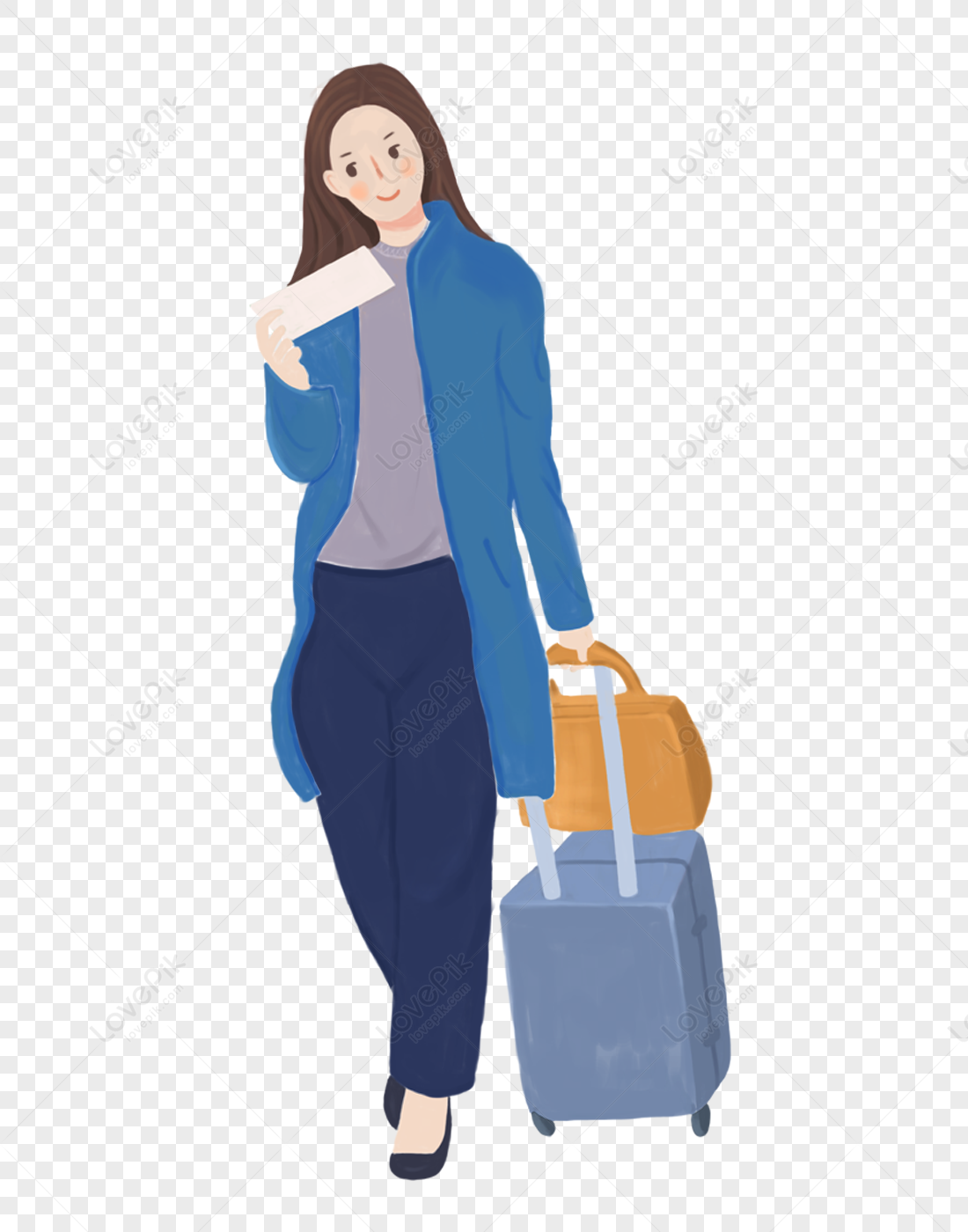 A girl traveling, blue suitcase, animated cartoon, cartoon female png transparent background